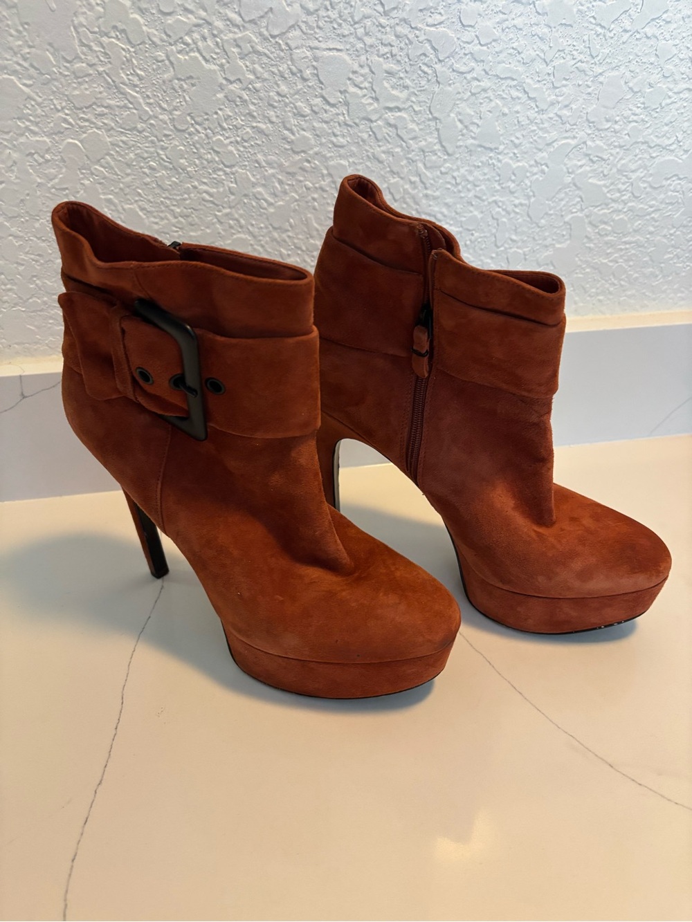 Via Spiga Rust Suede High Heel Ankle Boots with Buckle